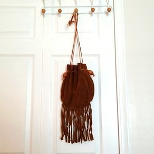 Women's Handmade Suede Drawstring  Bag with Fringe